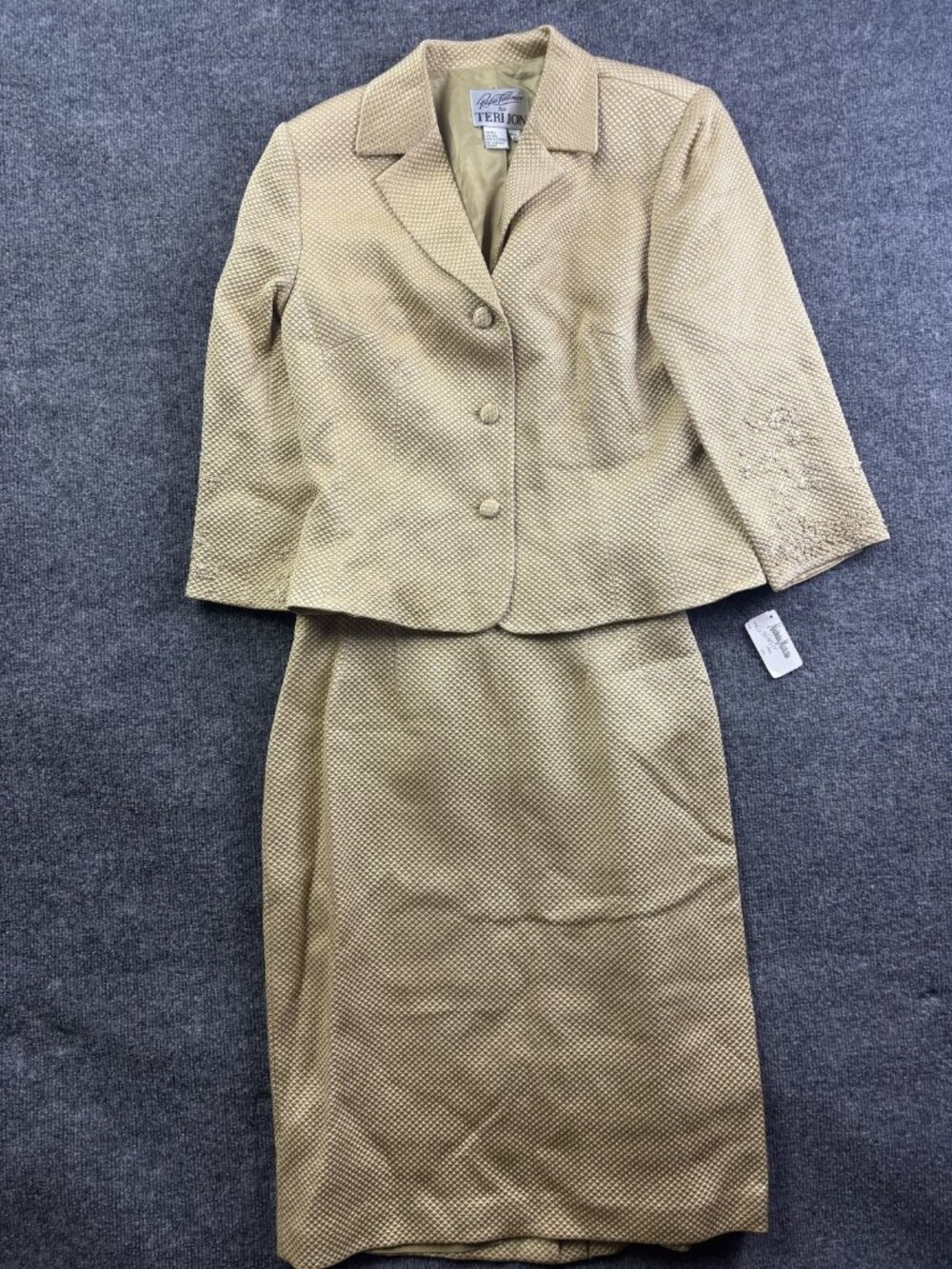Rickie Freeman Teri Jon Skirt Suit Womens 12 Gold Wool Jacquard 2 Piece Lined